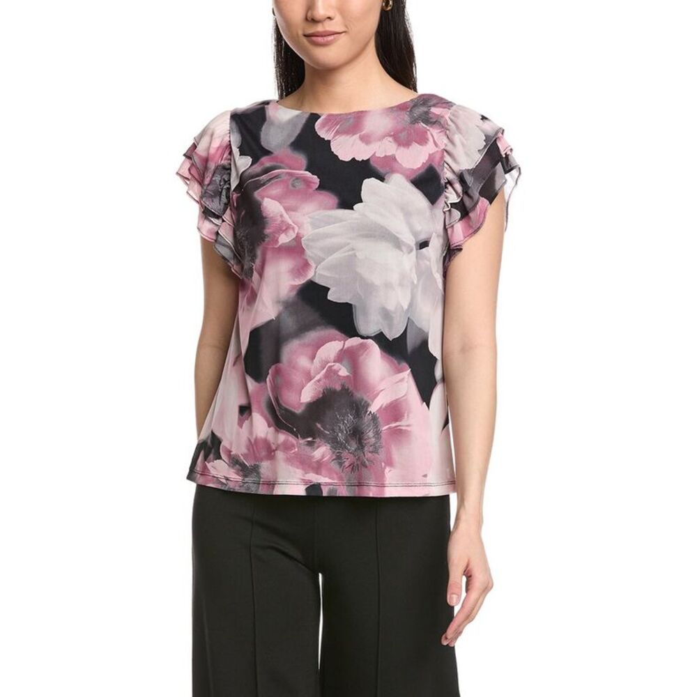 Anne Klein Pink Black Floral Short Sleeve Top